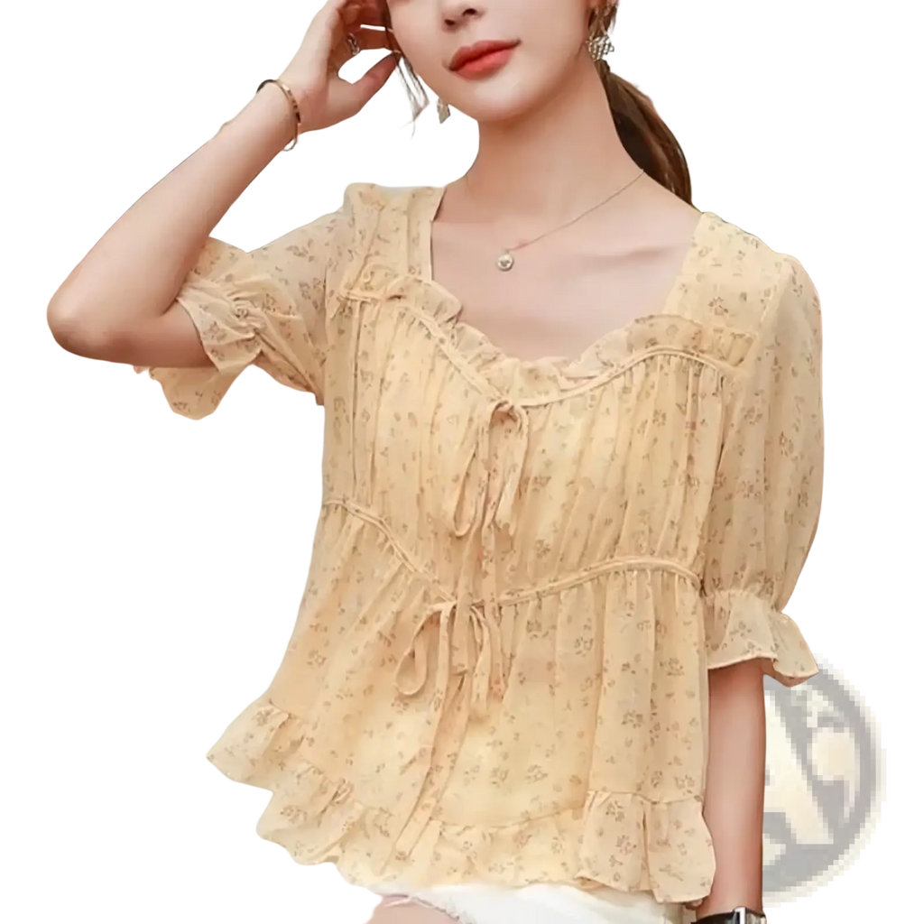 Floral ruffle square neck women blouse in delicate beige with a floral print, ruffled sleeves, and tiered tie-front design