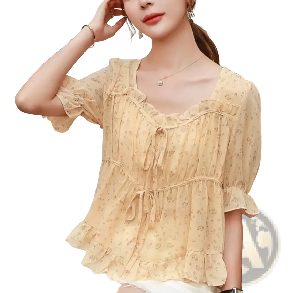 Floral ruffle square neck women blouse in delicate beige with a floral print, ruffled sleeves, and tiered tie-front design