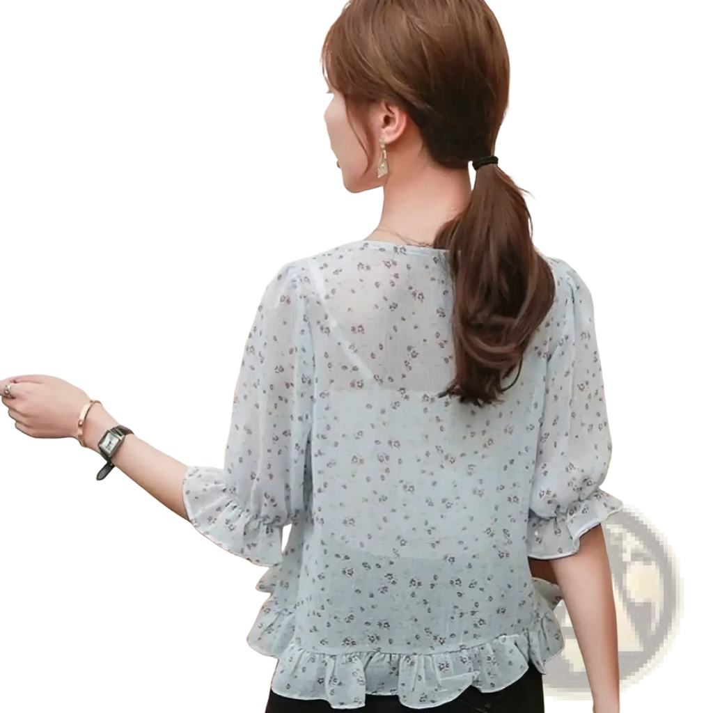 Light blue sheer floral ruffle square neck women blouse with delicate print and ruffled sleeves and hem