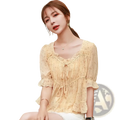 A delicate beige floral ruffle square neck women blouse with ruffled sleeves perfect for casual wear