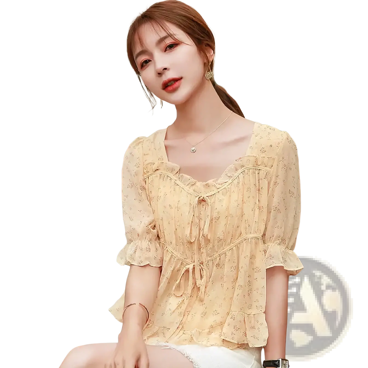 A delicate beige floral ruffle square neck women blouse with ruffled sleeves perfect for casual wear