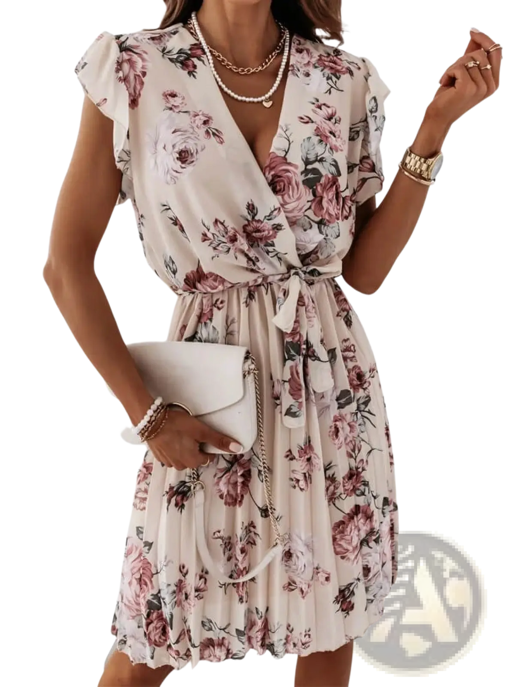 A soft beige floral ruffle wrap dress with pleated skirt and delicate pink and burgundy rose patterns