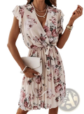 A soft beige floral ruffle wrap dress with pleated skirt and delicate pink and burgundy rose patterns