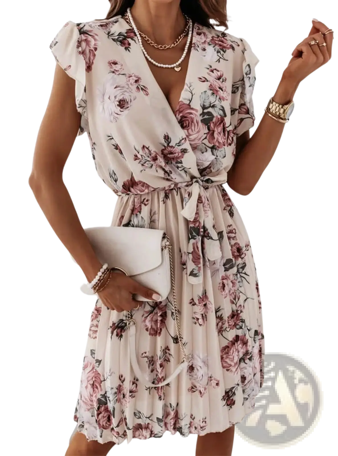 A soft beige floral ruffle wrap dress with pleated skirt and delicate pink and burgundy rose patterns