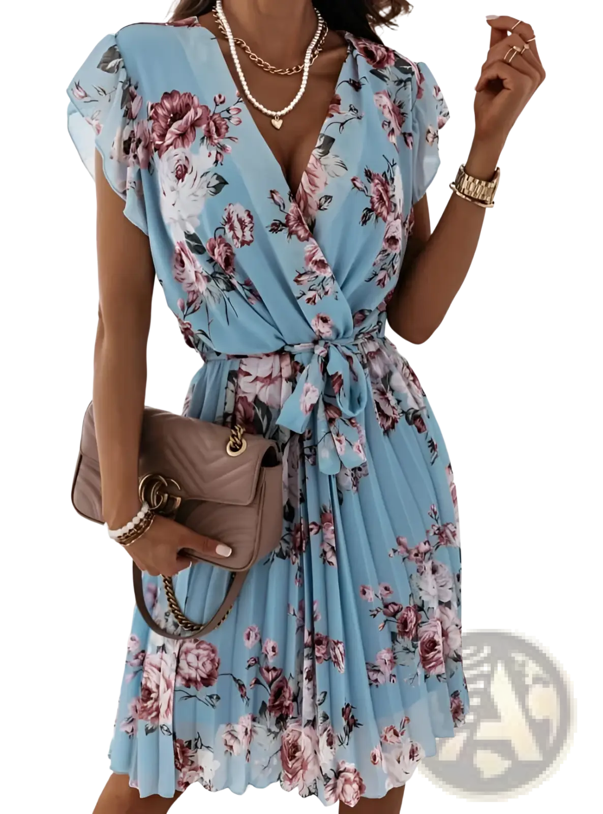 A light blue floral print wrap dress with ruffled short sleeves and a pleated skirt for elegant occasions