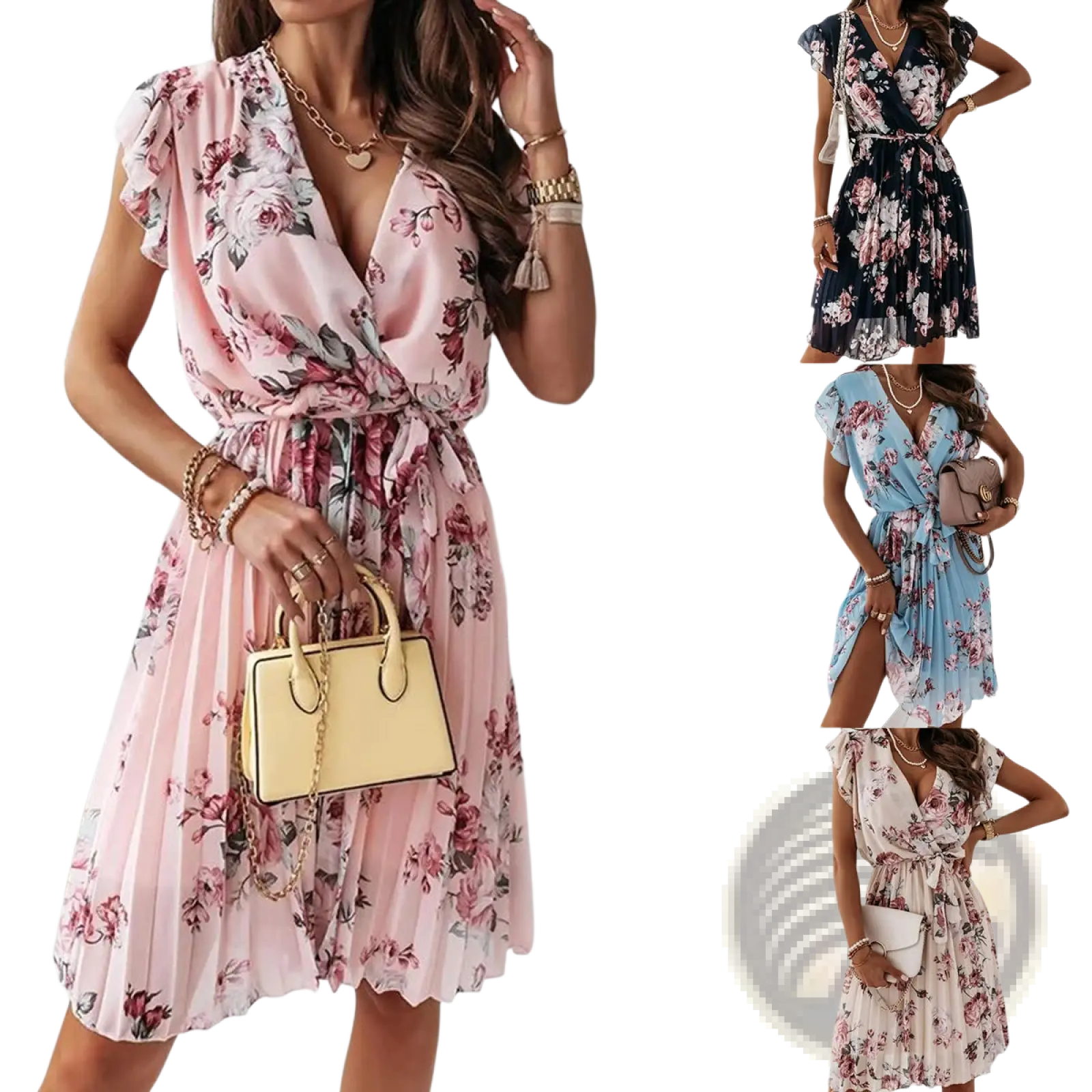 Pink floral wrap dress featuring ruffled sleeves and a pleated skirt ideal for elegant summer occasions