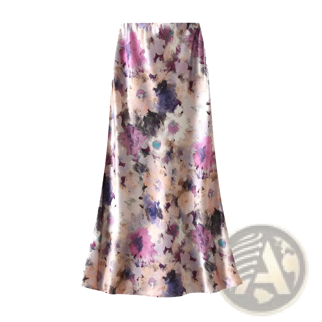 Floral satin midi skirt high waist with flowing satin fabric in pink purple muted floral patterns on off-white base