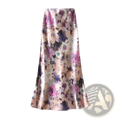 Floral satin midi skirt high waist with flowing satin fabric in pink purple muted floral patterns on off-white base