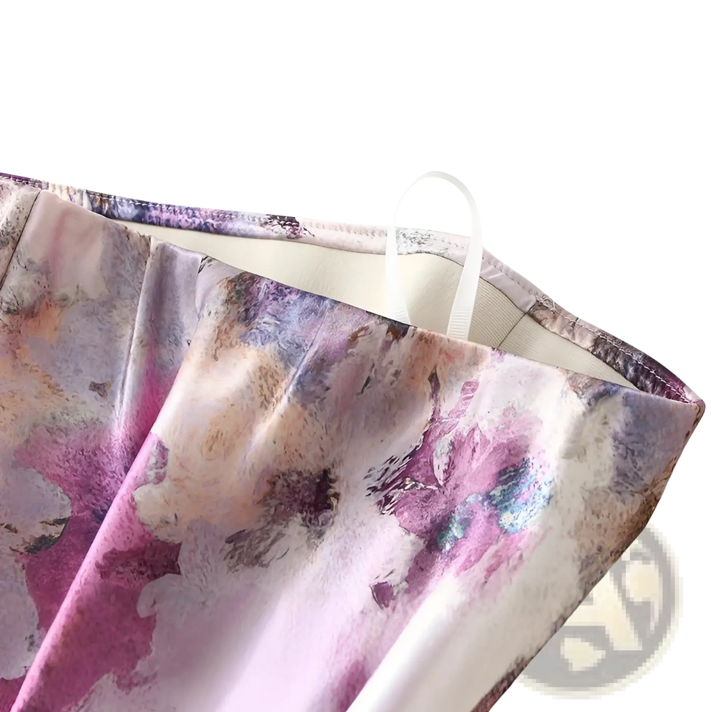 Floral satin midi skirt high waist with a flowing satin texture and soft watercolor floral pattern in pink purple and beige