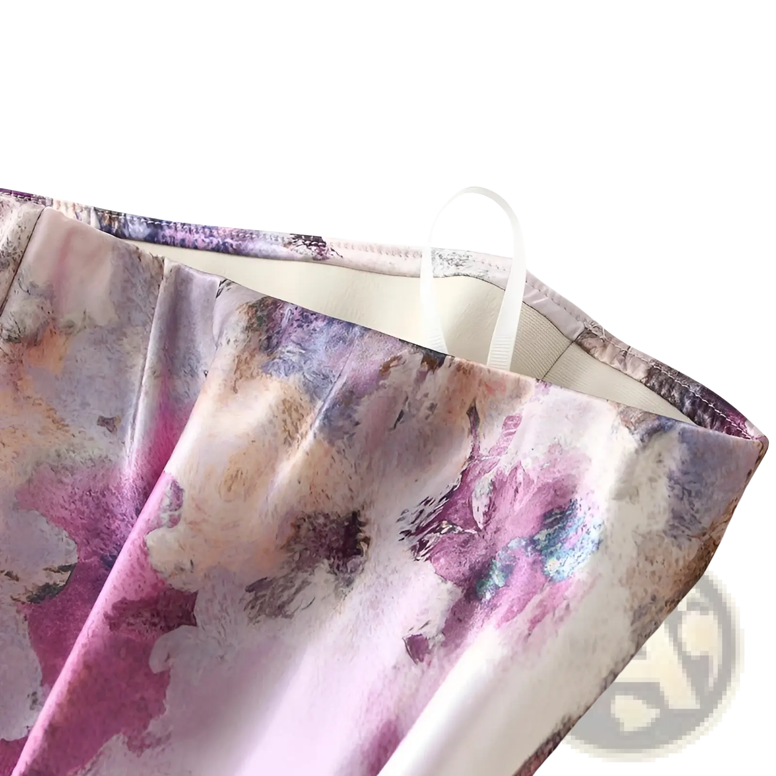 Floral satin midi skirt high waist with a flowing satin texture and soft watercolor floral pattern in pink purple and beige