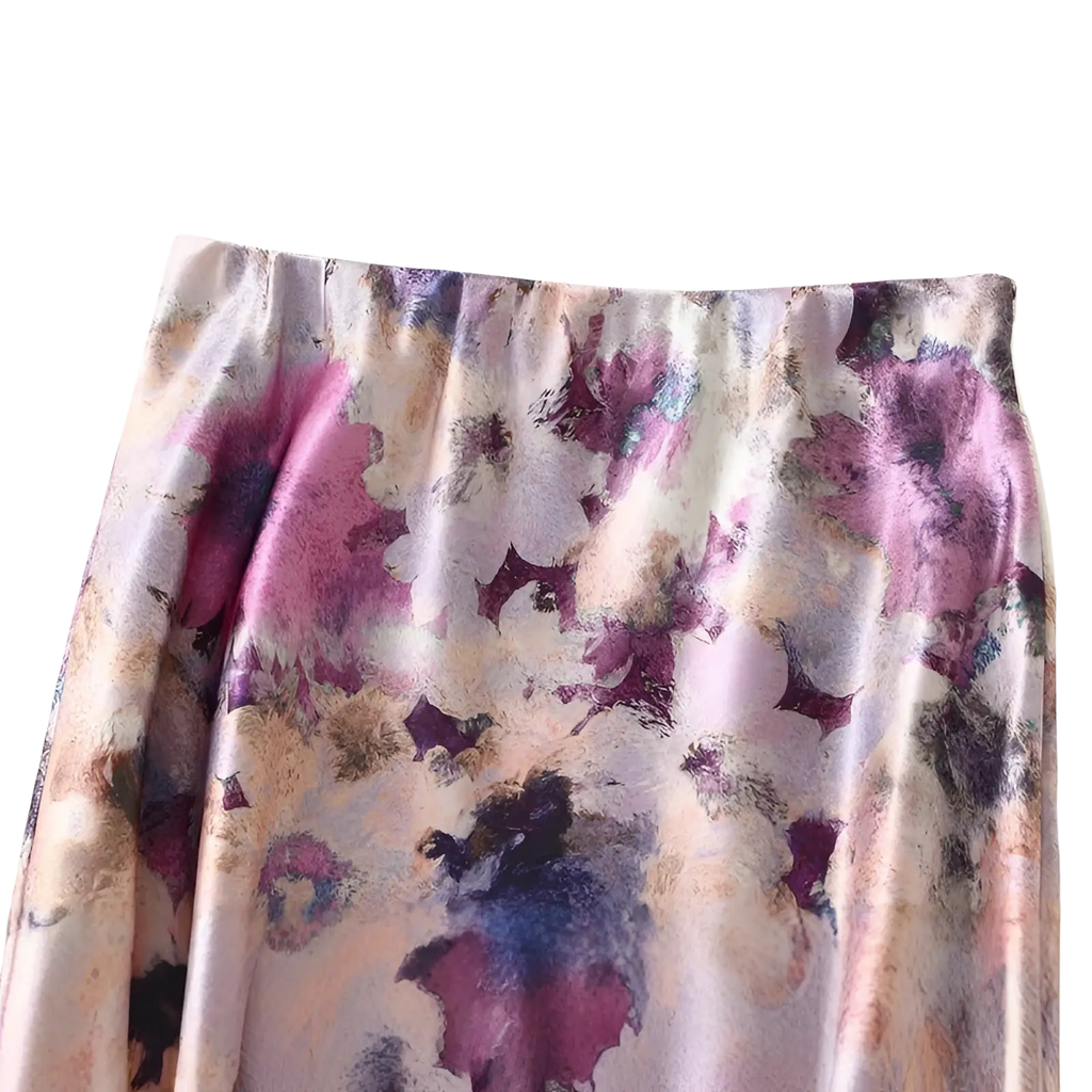 Floral satin midi skirt high waist with flowing fit and watercolor floral pattern in mauve lavender and cream shades
