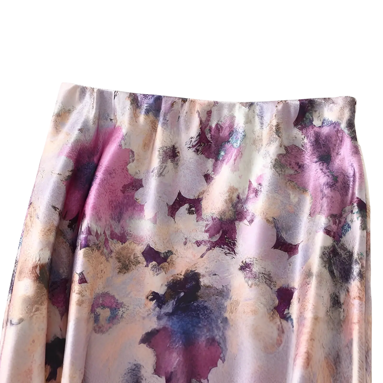 Floral satin midi skirt high waist with flowing fit and watercolor floral pattern in mauve lavender and cream shades