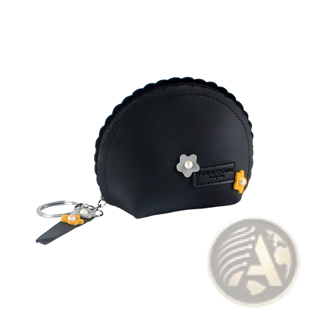 Black scalloped edge pu leather coin purse with silver flower and yellow floral embellishments with keychain attachment