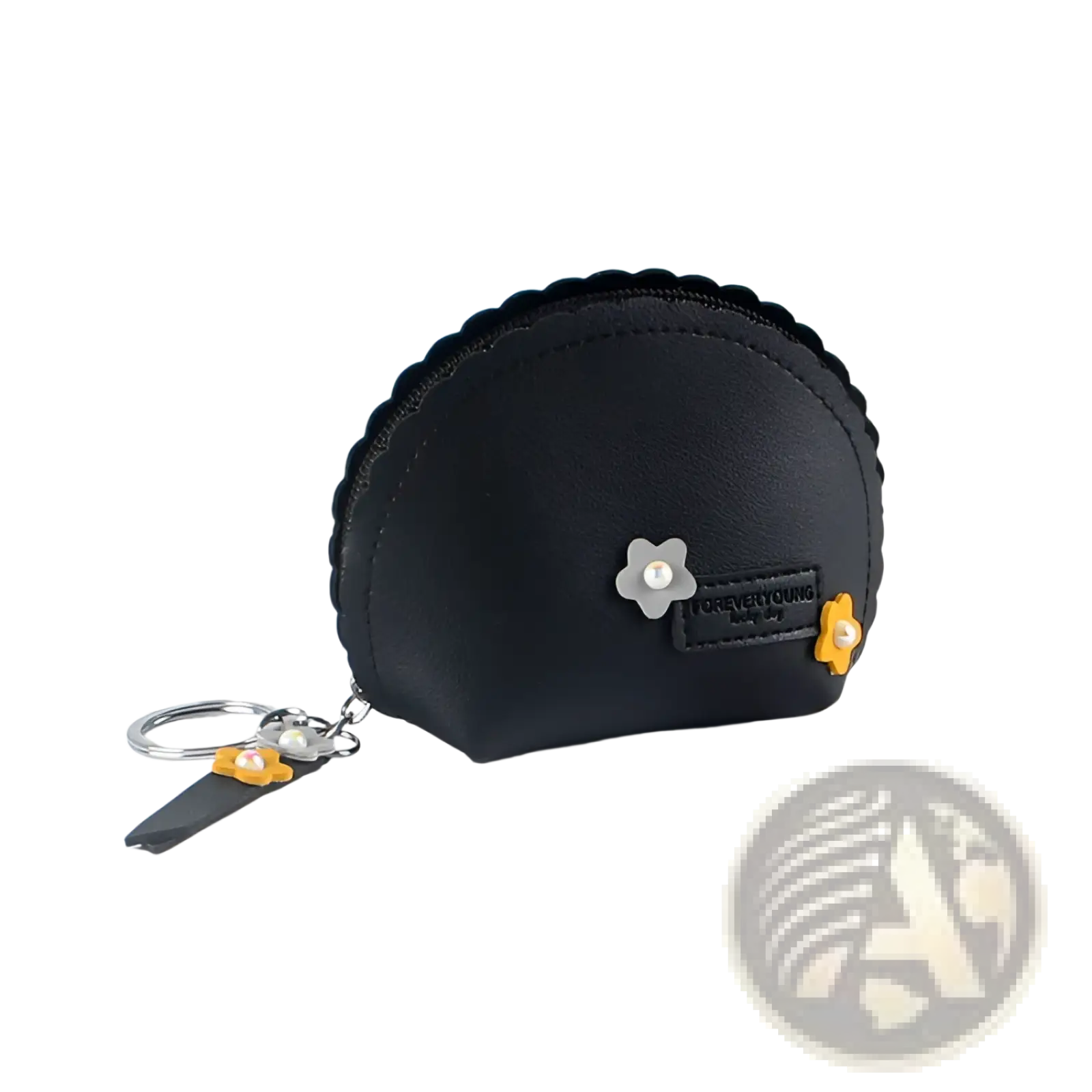 Black scalloped edge pu leather coin purse with silver flower and yellow floral embellishments with keychain attachment