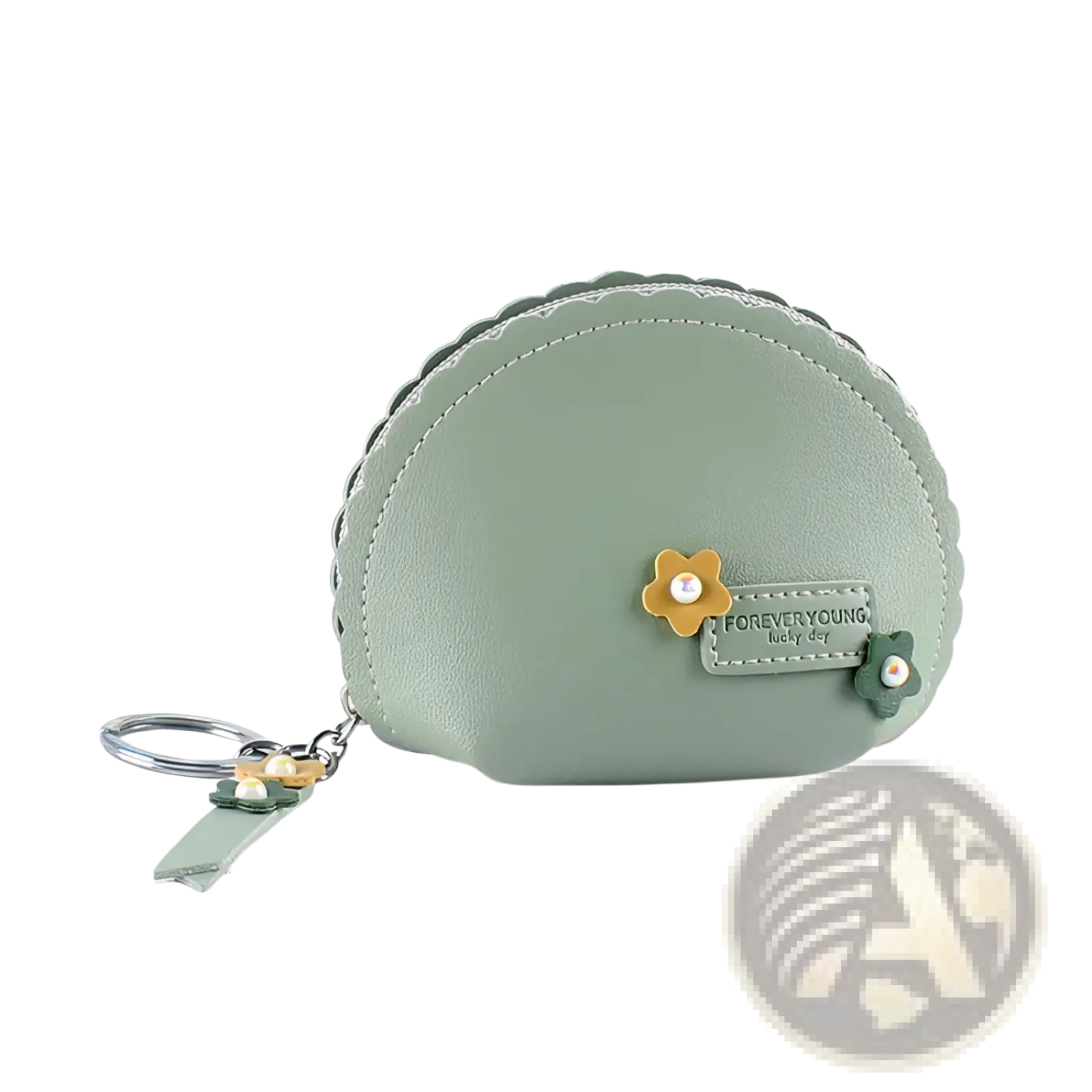 A mint green floral scalloped pu leather coin purse with keychain for secure and stylish storage