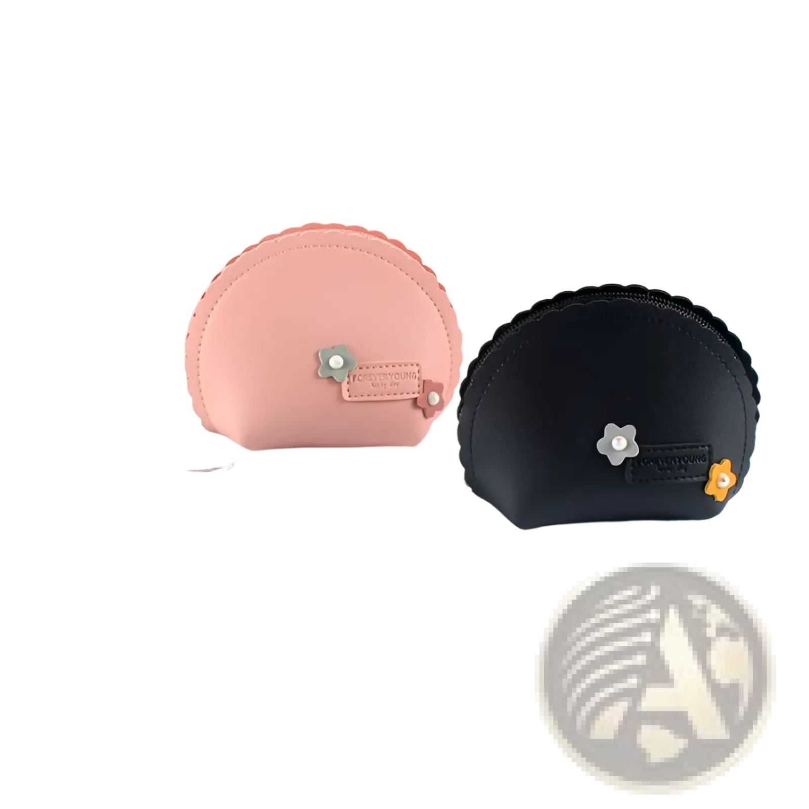 Pink and black floral scalloped edge pu leather coin purses with keychain embellishments visible from the front