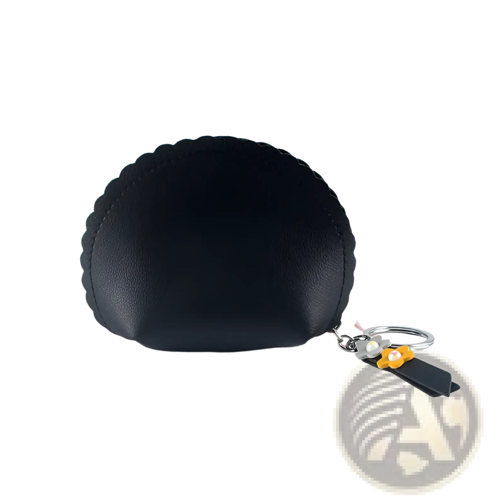 Black scalloped-edge pu leather coin purse with keychain featuring yellow flower and pearl accents