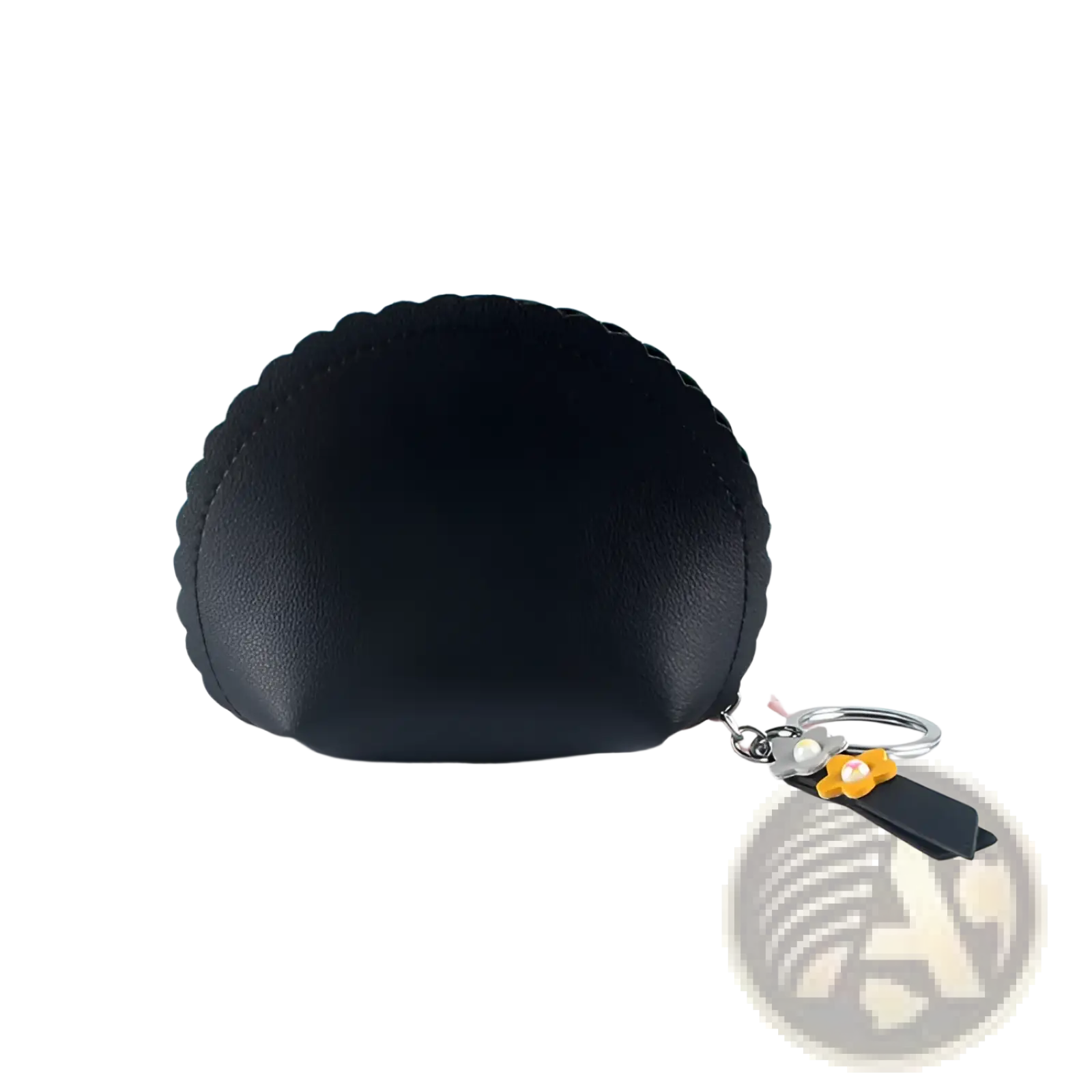 Black scalloped-edge pu leather coin purse with keychain featuring yellow flower and pearl accents