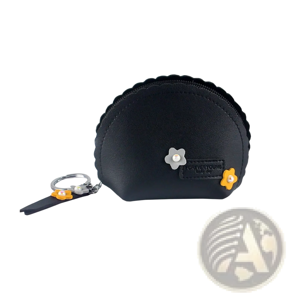 Black scalloped pu leather coin purse with silver and yellow floral embellishments and attached keychain