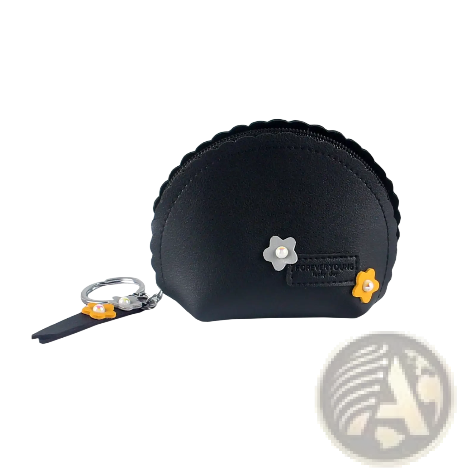 Black scalloped pu leather coin purse with silver and yellow floral embellishments and attached keychain