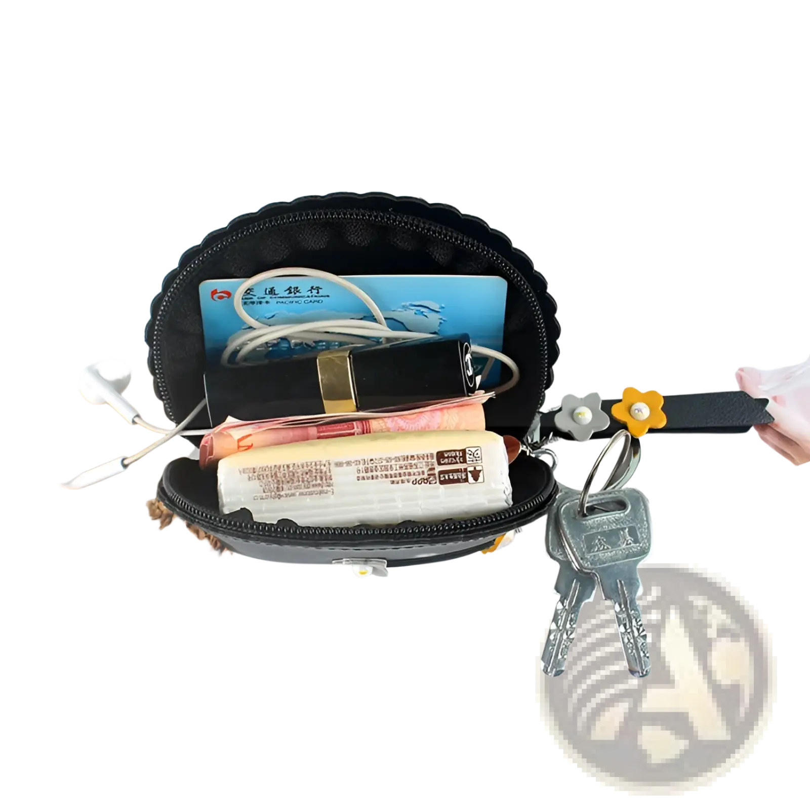 Black scalloped-edge pu leather coin purse with zipper closure and floral keychain accessory