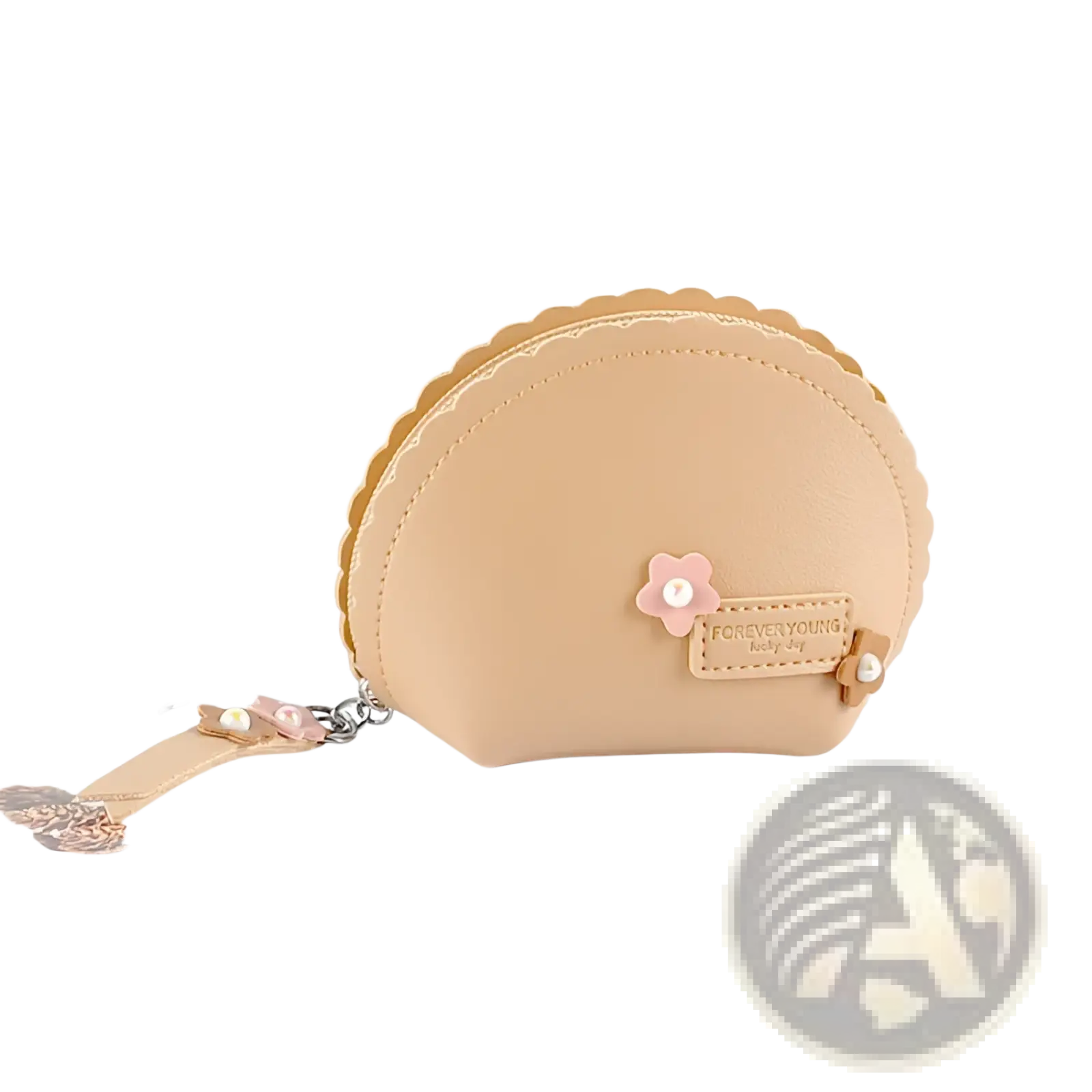 Beige pu leather coin purse with scalloped edges pink flower embellishment pearl accents and keychain attachment