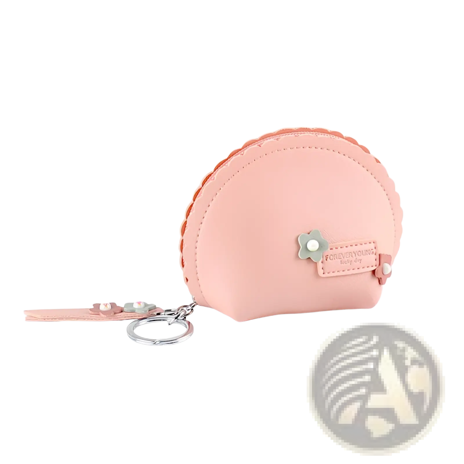 Pink scalloped PU leather coin purse with floral embellishments and keychain attachment for convenient use