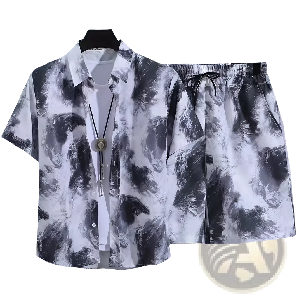 Black and white abstract tie-dye floral shirt and shorts set with button-up short sleeves in retro tropical print