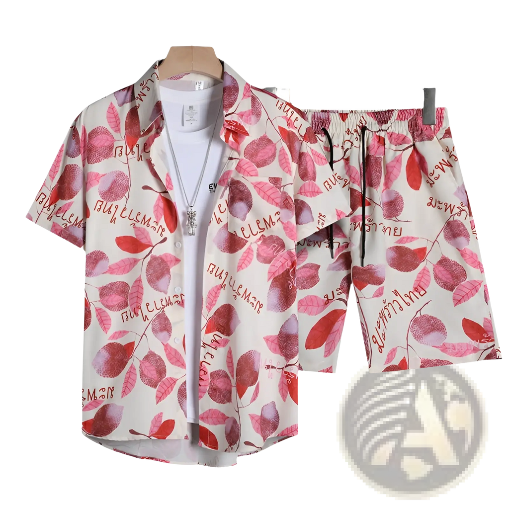 Floral shirt and shorts set in white with vibrant pink and red leaf-patterned short sleeves and matching shorts