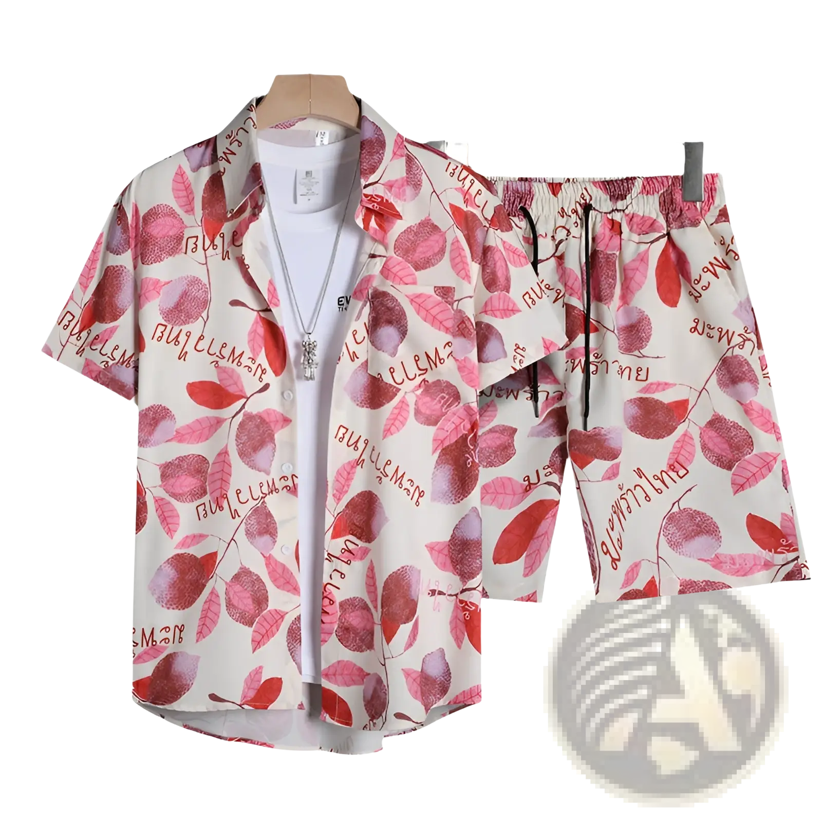 Floral shirt and shorts set in white with vibrant pink and red leaf-patterned short sleeves and matching shorts