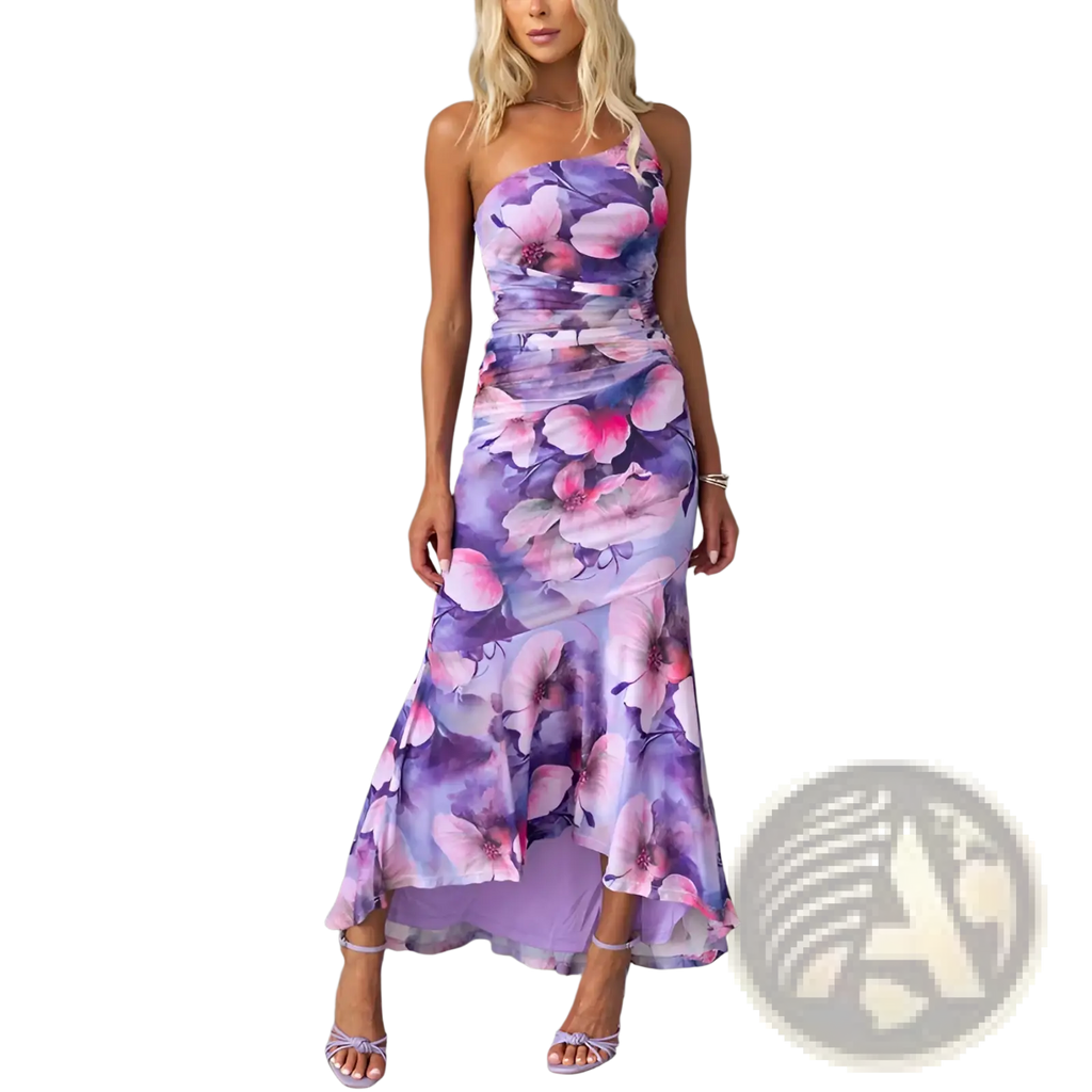 A flowing floral one shoulder ruched asymmetrical maxi dress in vibrant purple and pink print