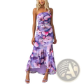 A flowing floral one shoulder ruched asymmetrical maxi dress in vibrant purple and pink print
