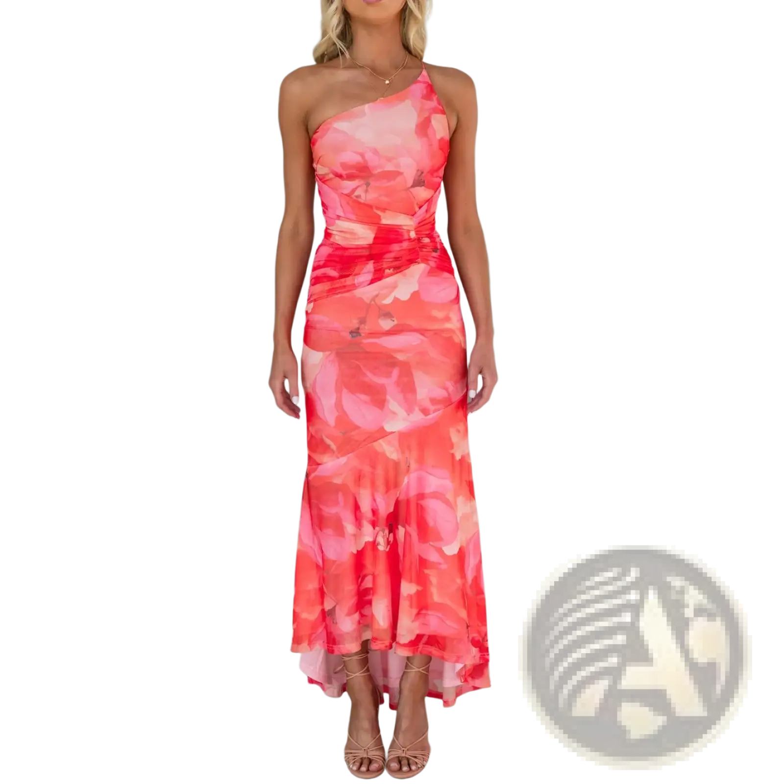 A vibrant coral and pink floral print one-shoulder midi dress with ruched waistband and asymmetrical design