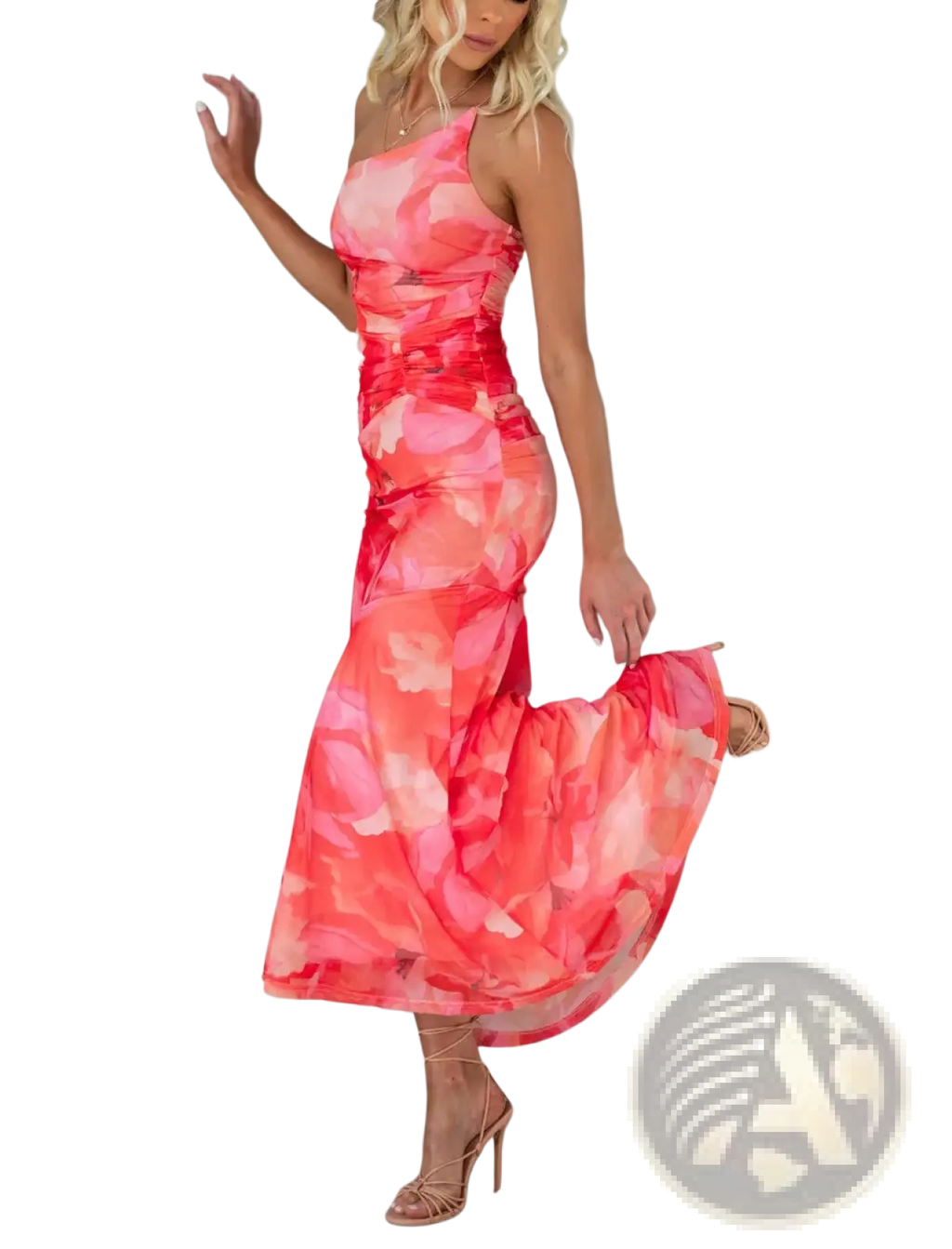 A vibrant coral and pink floral one shoulder ruched midi dress with flowing skirt and asymmetrical design