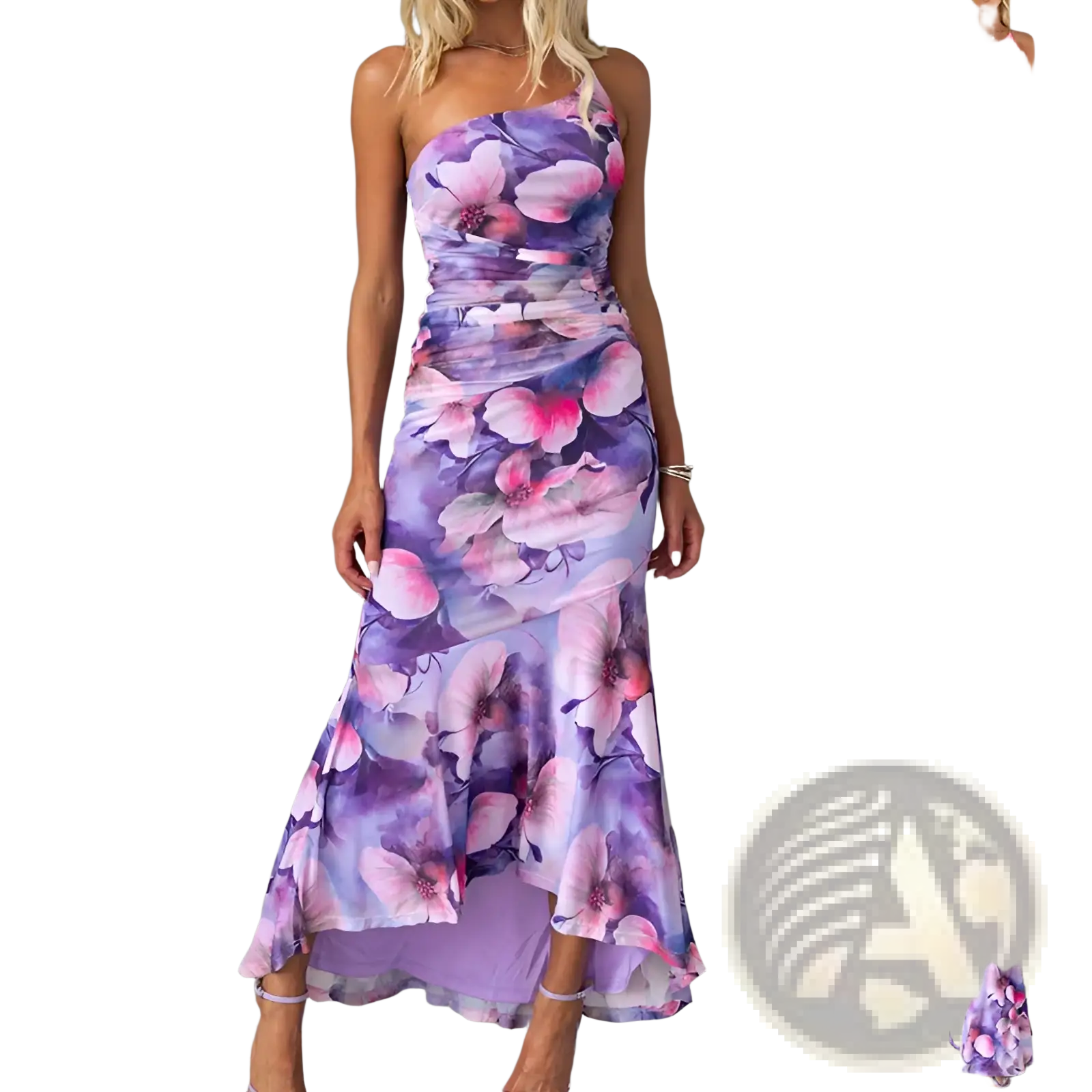 A flowing one-shoulder maxi dress in vibrant purple and pink floral print with ruched bodice and asymmetrical hemline