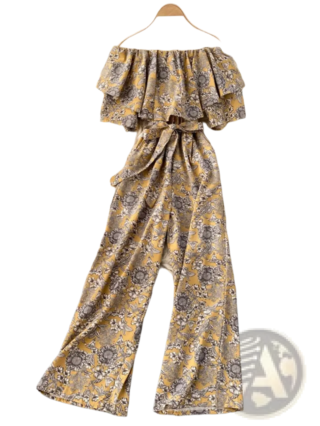 Yellow and gray floral print off-shoulder wide leg jumpsuit with ruffled top and tied waistband for casual wear