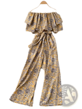Yellow and gray floral print off-shoulder wide leg jumpsuit with ruffled top and tied waistband for casual wear