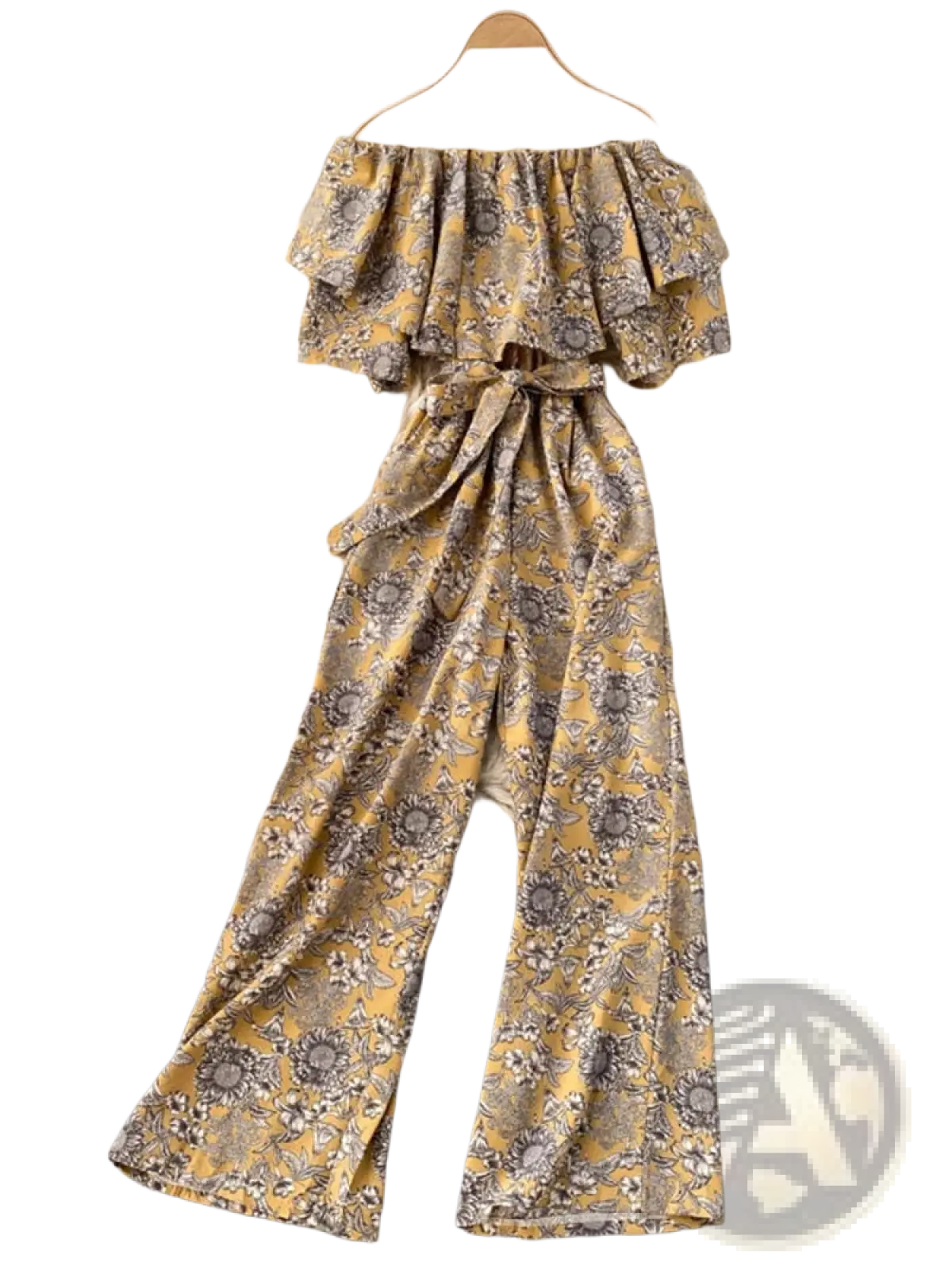 Yellow and gray floral print off-shoulder wide leg jumpsuit with ruffled top and tied waistband for casual wear