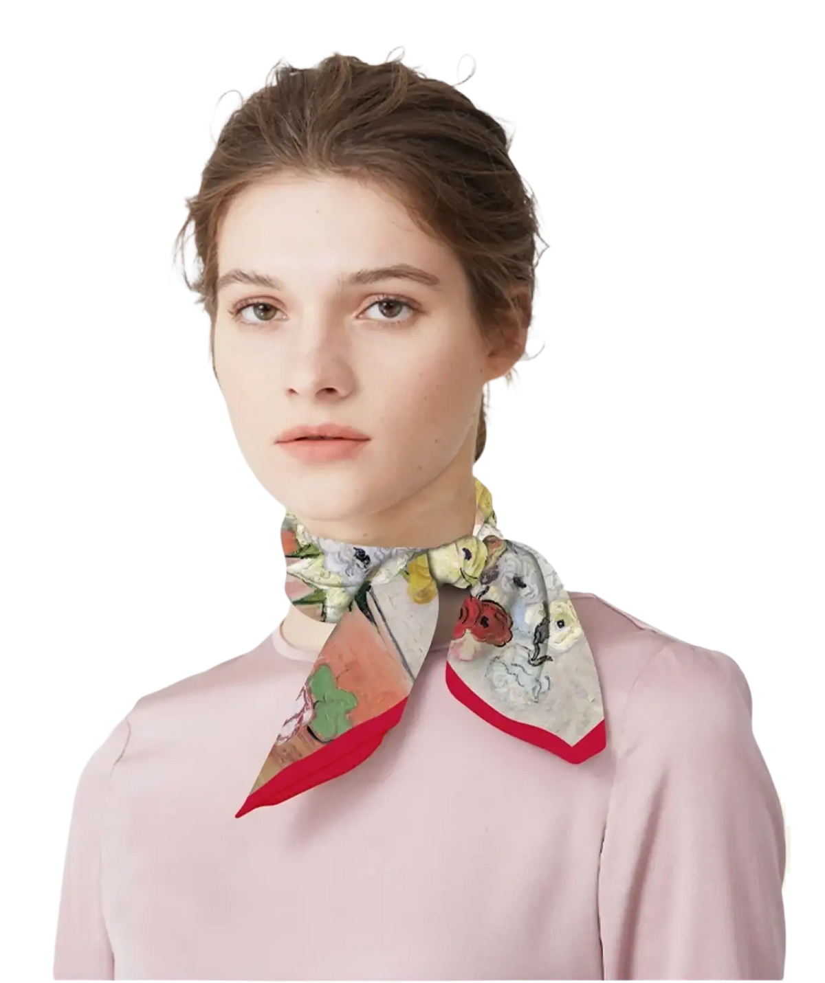 A floral silk square scarf with a delicate pattern and vibrant red border worn elegantly around the neck
