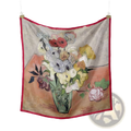 A floral silk square scarf with a vibrant red border featuring an impressionistic pastel floral still life design