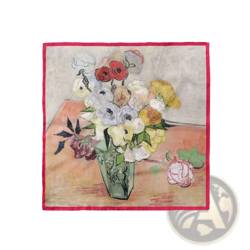 Floral silk square scarf with vibrant impressionistic bouquet in green vase red and yellow flowers red border