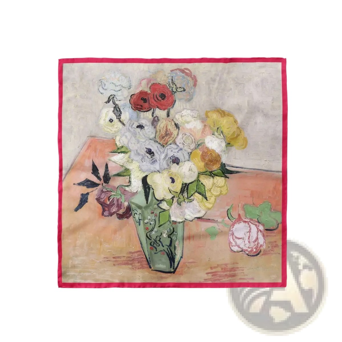 Floral silk square scarf with vibrant impressionistic bouquet in green vase red and yellow flowers red border