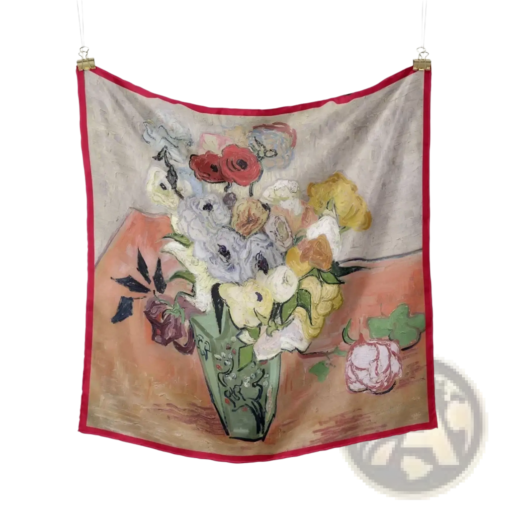 A floral silk square scarf with a vibrant red border featuring an impressionistic pastel floral still life design