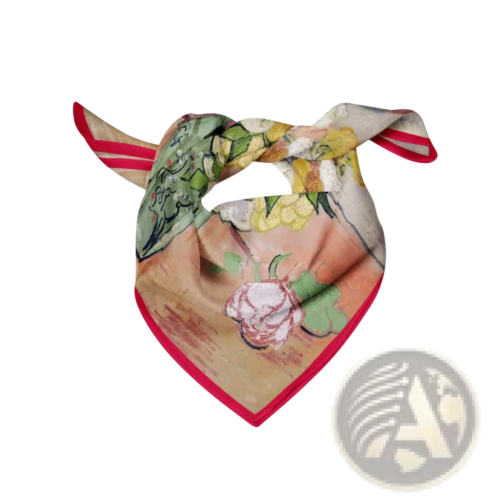 A floral silk square scarf with a vibrant red trim and detailed soft green yellow and pink floral print