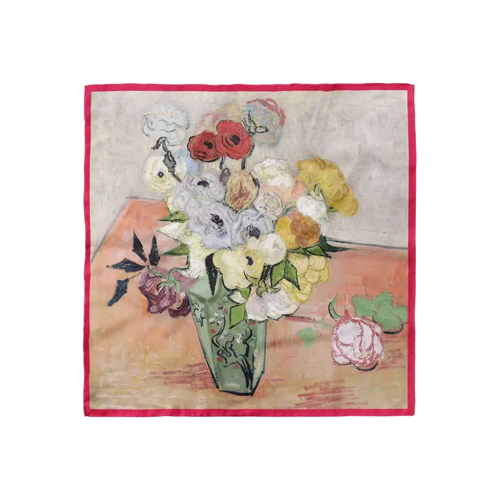 Floral silk square scarf with vibrant impressionistic bouquet in green vase red and yellow flowers red border