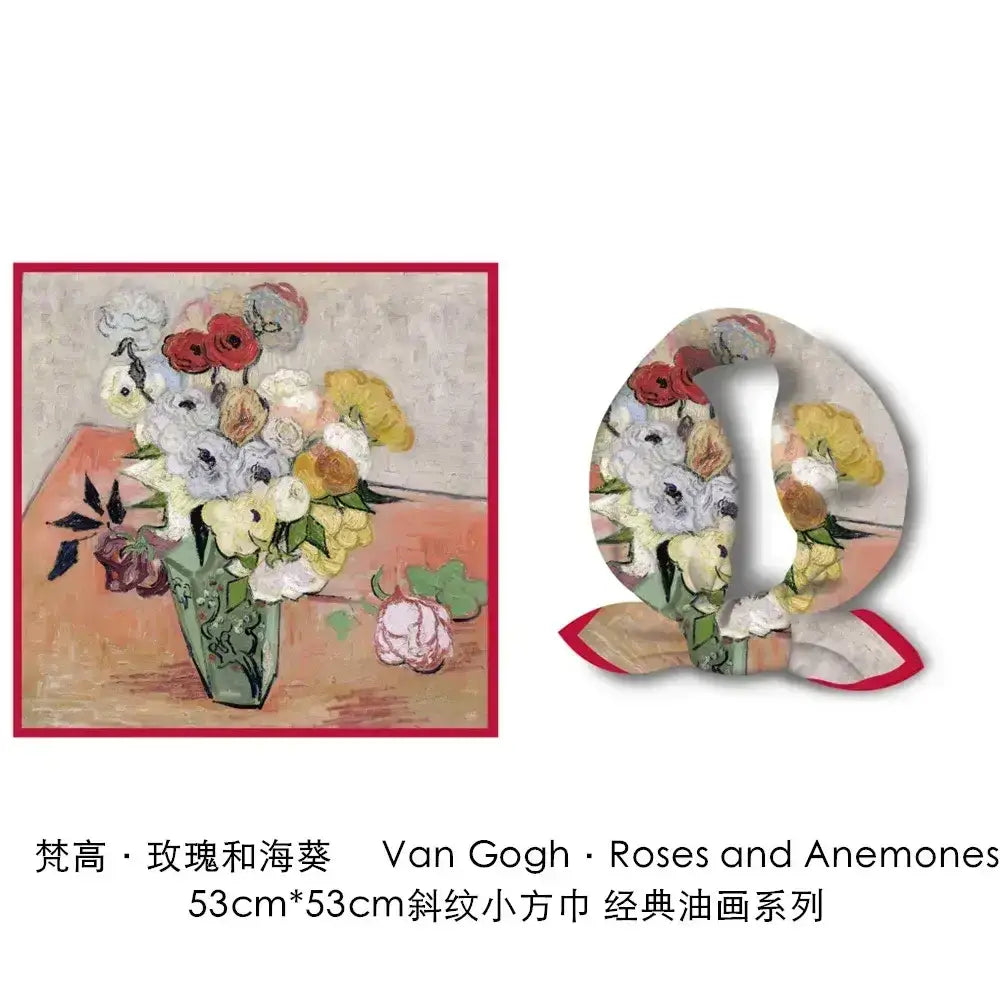 Floral silk square scarf with van gogh roses and anemones design in vibrant colors and red border on soft fabric