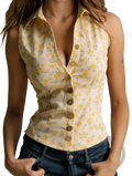 Floral sleeveless denim corset top in cream with yellow floral print and dark brown buttons on a sleeveless button-up design