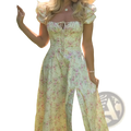 A flowing pale yellow floral midi dress with puffed short sleeves and a corseted bodice for elegant wear