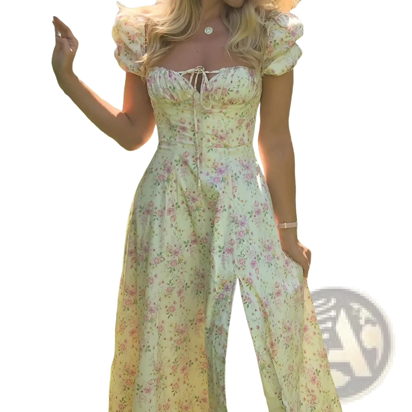 A flowing pale yellow floral midi dress with puffed short sleeves and a corseted bodice for elegant wear