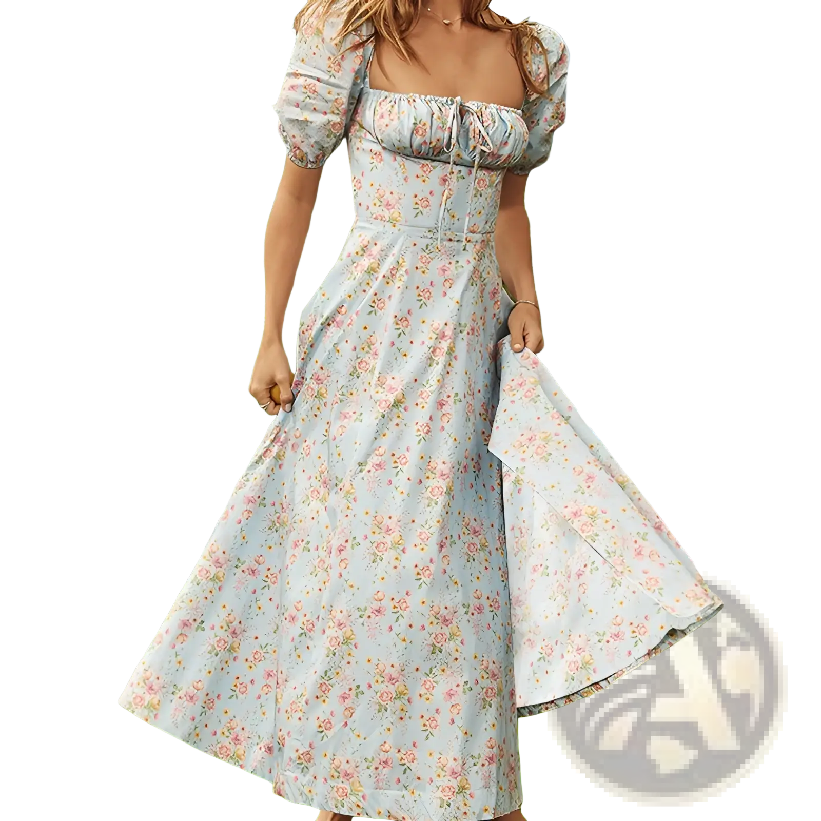 A light blue floral print midi dress with puffed short sleeves, square neckline, and a side slit